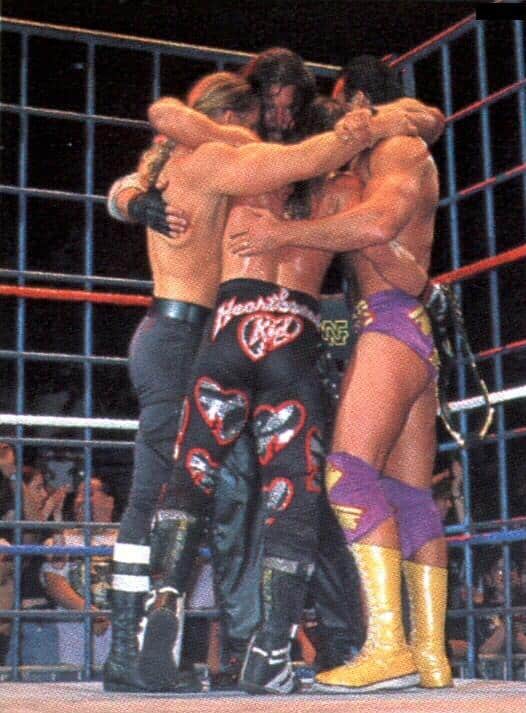 The infamous "Curtain Call": Triple H, Diesel (Kevin Nash), Shawn Michaels and Razor Ramon (Scott Hall) hug it out at a WWE House Show