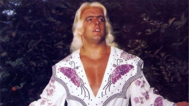 Ric Flair, the greatest wrestler of all time, with his flowing blond hair in a white wrestling jacket with purple sequined butterflies on it.