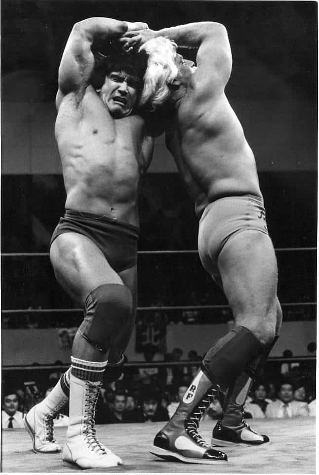 Rick Flair and Ricky Steamboat twisting around each other in a match