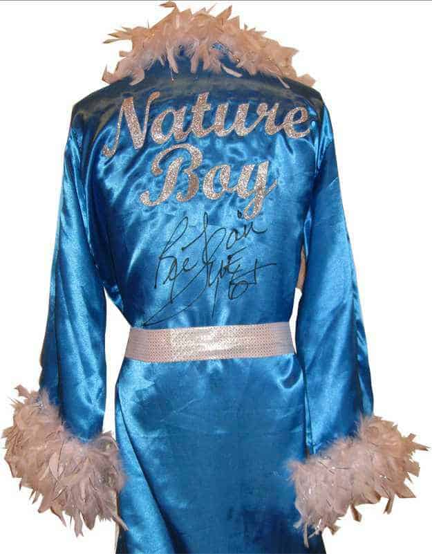 photo of Blue Satin Nature Boy Robe trimmed with white feathers