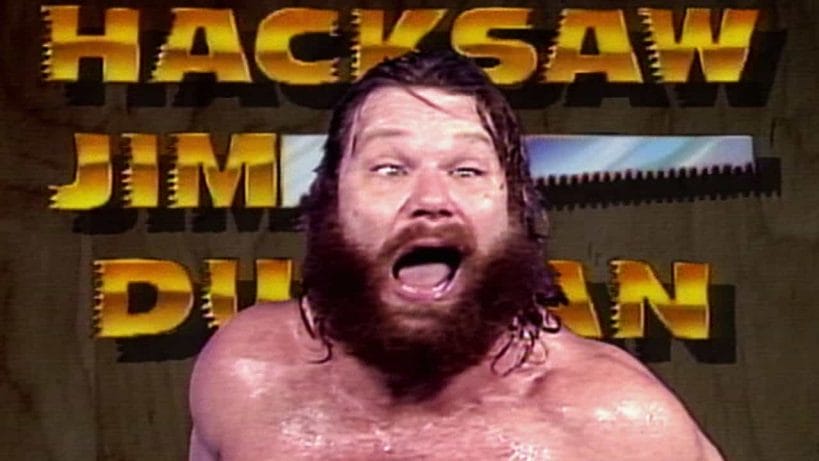 'Hacksaw' Jim Duggan screen clip after a match with his mouth wide open