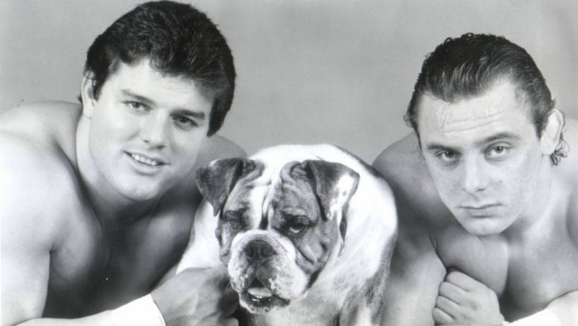 The British Bulldogs Davey Boy Smith and Dynamite Kid with poor Matilda in a 1988 WrestleMania IV promo shoot.