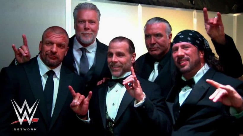 The Kliq now dressed in tuxedos: Triple H, Kevin Nash, Shawn Michaels, Scott Hall and Sean Waltman