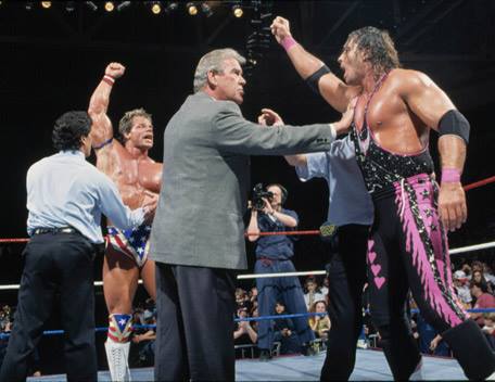 Lex Luger and Bret Hart argue over who won at the 1994 Royal Rumble