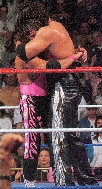Bret Hart and 'Diesel' Kevin Nash hugging after their match at the 1995 Royal Rumble
