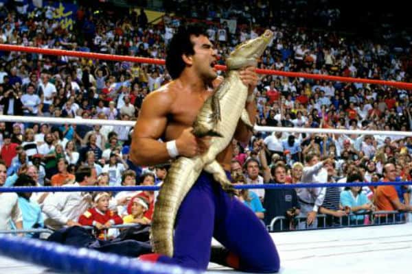 Ricky Steamboat and his komodo dragon in the ring
