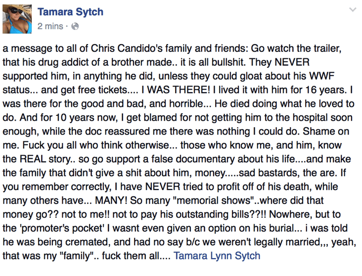 Social media post Tammy Sytch made about the family of Chris Candido.