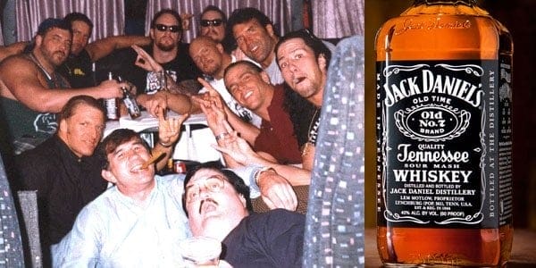 Collage of a group of guys partying including Kevin Nash (second from left in back) and The Undertaker (back center) and a bottle of Jack Daniels Whiskey