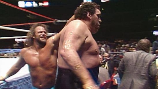 Andre the Giant - 16 Unforgettable Tales Told By His Friends Randy Savage in a fight with Andre The Giant pulling his hair outside the ring
