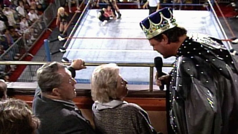 right before the WWE Controversy Jerry Lawler shares a few words with Stu and Helen Hart at a Monday Night Raw taping in 1993