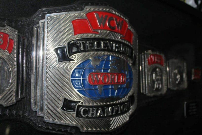 The first WCW TV Title Belt made of black leather with silver, black, and red metal