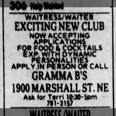A Gramma B's classified ad from the Minneapolis Star Tribune, January 1980