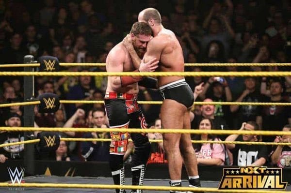 Sami Zayn and Cesaro embrace after their match at NXT Arrival, February 27, 2014.