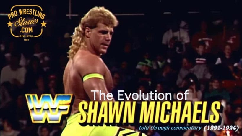 The Evolution of SHAWN MICHAELS Told through Commentary (1991-1994) graphic showing him with a blond mullet wearing bright yellow wrestling pants