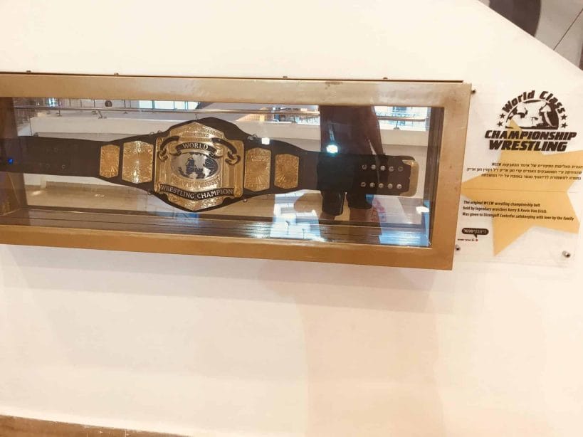The original Kevin Von Erich WCCW Championship belt, on permanent display at the Dizengoff Center mall, Tel Aviv. (photo: /u/DieselCorps on Reddit)