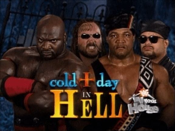 Gang Wars - How Factions Changed Wrestling in 1997 Gang Wars - A promo photo featuring Ahmed Johnson versus Farooq with Crush and Savio Vega of Nation of Domination behind him