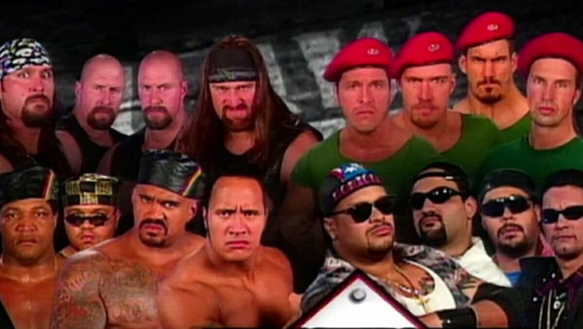 The Gang Wars were in full swing in the WWF by the end of 1997 (pictured: DOA, Nation of Domination, Los Baricuas, and The Truth Commission).