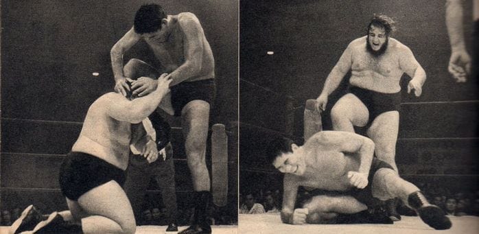 Giant Baba faces off against Gorilla Monsoon in October 1972.