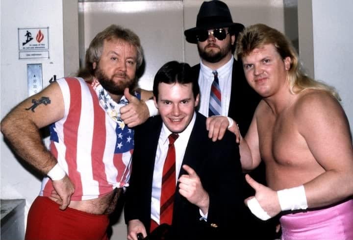 Jim Cornette and The Midnight Express ("Loverboy" Dennis Condrey and "Beautiful" Bobby Eaton) and Big Bubba Rogers (who later became The Big Bossman), 1986.