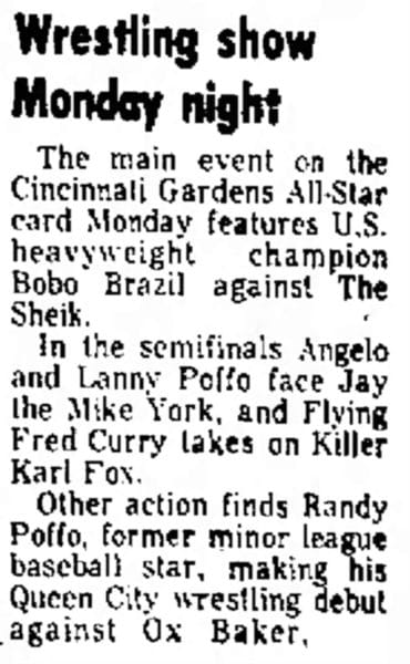 A May 11, 1975 news article from The Journal News promoting the arrival of 'former minor league baseball star,' Randy Poffo