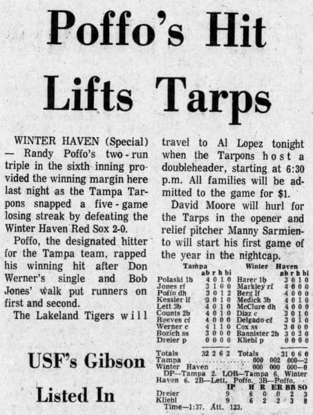 News clipping on how Randy Poffo lifted the Tampa Tarpons out of a 5-game losing streak over the Winter Haven Red Sox [The Tampa Tribune, Tuesday, Jul 9, 1974]