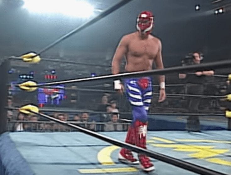Back in WCW during late 96/early 97, Rey Mysterio would fight under a red hood and blue tights. Various spider’s placed around the suit and a black webbing design on the boots and mask made it obvious the color scheme was a conscious decision to look like Spiderman