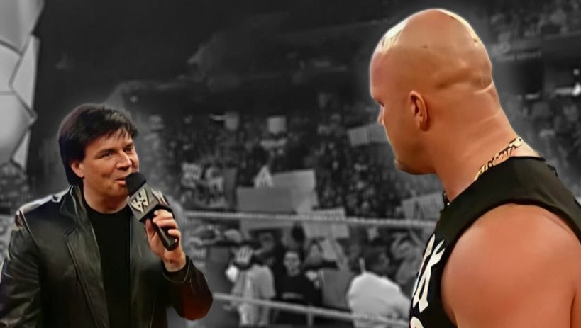 In a WWE ring, eight years after Eric Bischoff fires Steve Austin from WCW. Monday Night Raw, November 3, 2003.