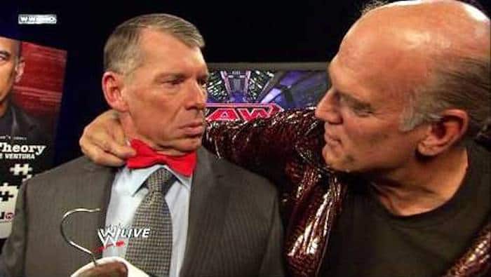 Jesse Ventura - How He Sued Vince McMahon (and Won) Jesse Ventura puts a red bow tie on Vince McMahon during his appearance on Monday Night Raw as guest host in 2009