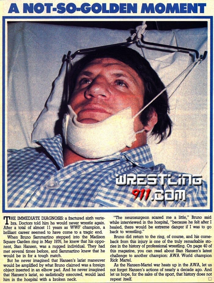 Newspaper clipping showing Bruno Sammartino in the hospital recouping after Stan Hansen fractured his sixth vertebra.