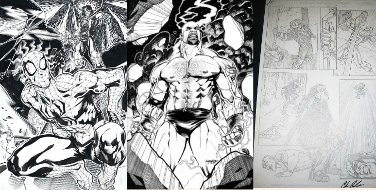 Concept art for Spiderman vs Sting (artist: J.J. Kirby), Bret Hart vs Captain America (artist: Chris Batista), and a Bill Goldberg sketch (artist: J.J. Kirby), looking menacing as ever.