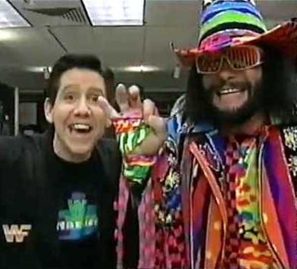 Todd Pettengill and Macho Man Randy Savage on the set of WWF Mania which taped live Saturday mornings from Stamford, CT.