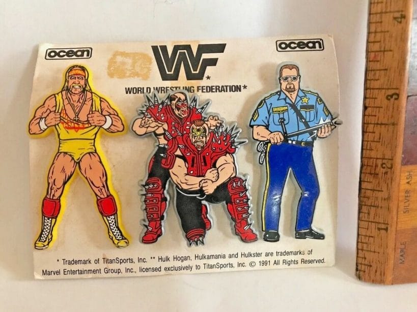 The majority of Hulk Hogan WWF products had a trademark notice on them which read, 'Hulk Hogan is a trademark of the Marvel Comics Group, licensed exclusively to TitanSports, Inc.' as evidenced at the bottom of the packaging of these WWF badges.