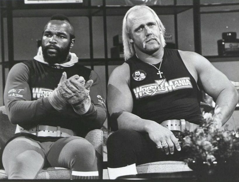 Hulk Hogan and Mr. T during the inaugural WrestleMania promotional run on the Richard Belzer show Hot Properties, March 27, 1985.