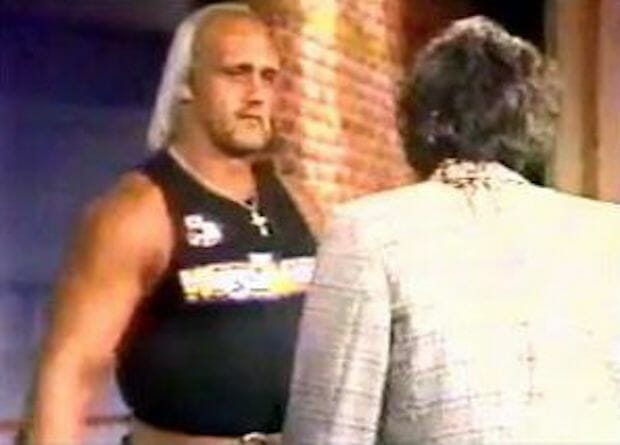 Hulk Hogan moments before infamously showing Richard Belzer that wrestling, in fact, can be very real.