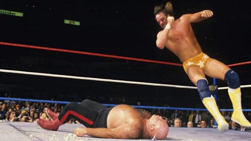 Randy Savage dropping an elbow on George 'The Animal' Steele at WrestleMania 2. Steele's old school methodology clashed with Savage's approach in many ways. Randy Savage dropping an elbow on George 'The Animal' Steele at WrestleMania 2. Steele's old school methodology clashed with Savage's approach in many ways.