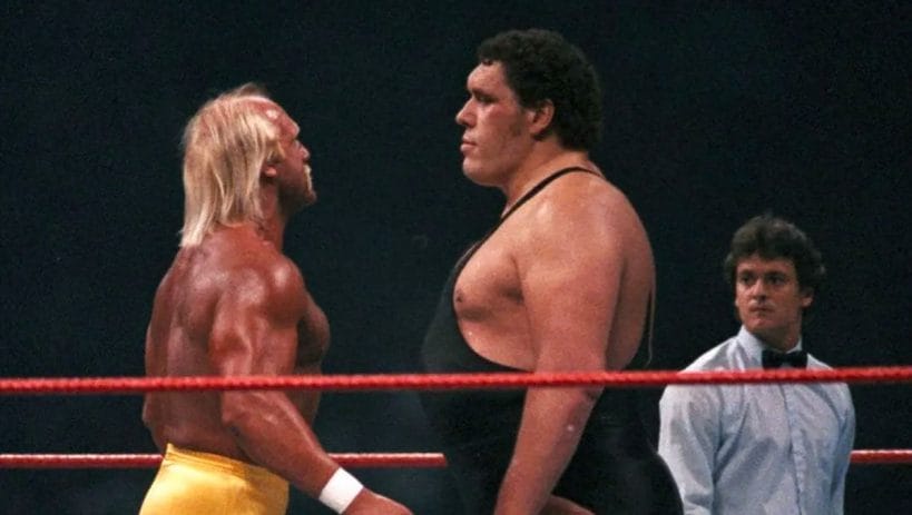 Battle of the Titans. Hulk Hogan and Andre the Giant face off at WrestleMania III.
