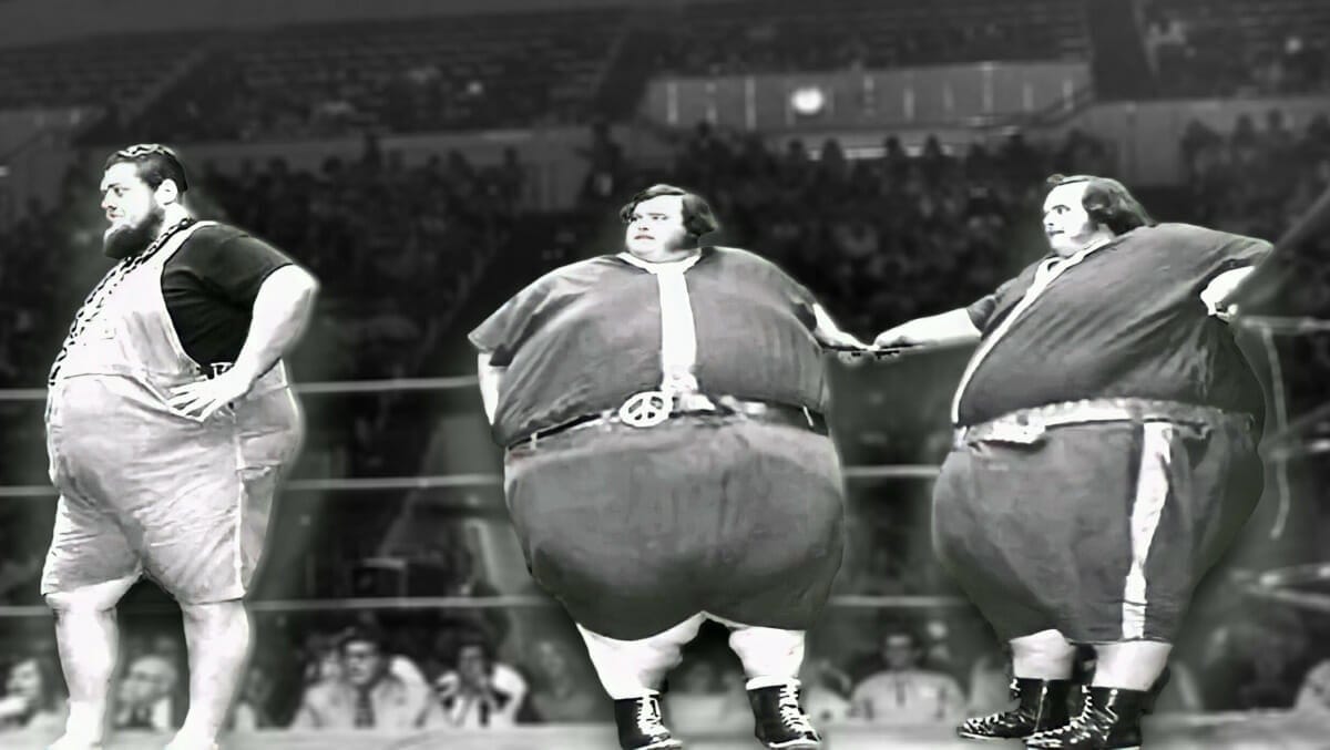 The McGuire Twins making the 600 lb “Haystacks” Calhoun look small. (c) Photographer: Dave Drason Burzynski.