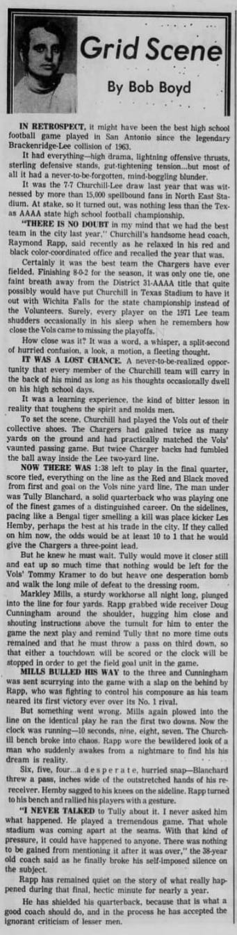 'Tully Blanchard was playing one of the finest games of a distinguished career.' (San Antonio Express, Friday, September 1st, 1972 edition)