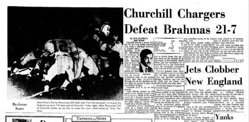 As a quarterback and punter, Tully Blanchard leads his Churchill Chargers team to a win against the Brahmas. (Express and News, September 11, 1971 edition)