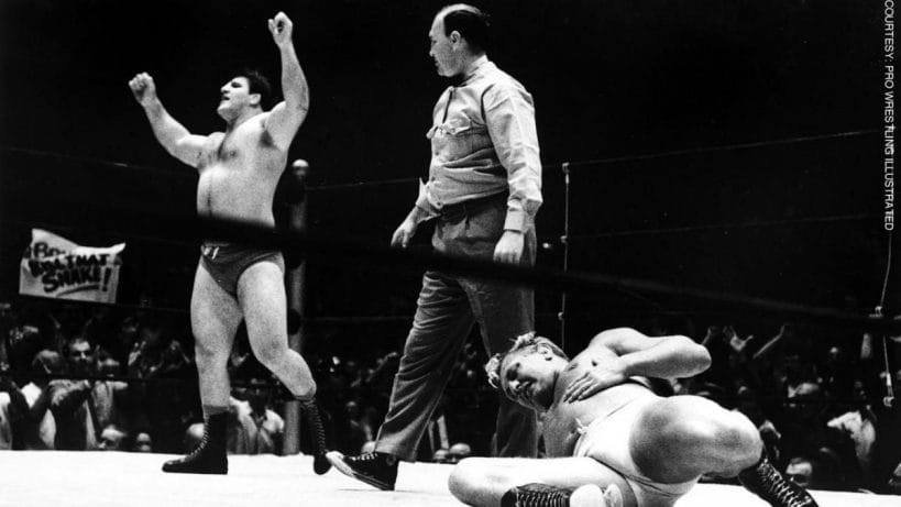 Bruno Sammartino wins the WWWF Championship for the very first time after defeating Buddy Rogers in just 48 seconds at Madison Square Garden on May 17, 1963. [Photo: Pro Wrestling Illustrated]