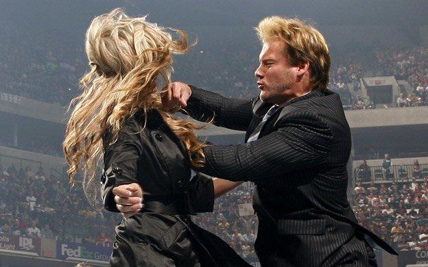 Chris Jericho accidentally punches Rebecca while aiming for Shawn Michaels.