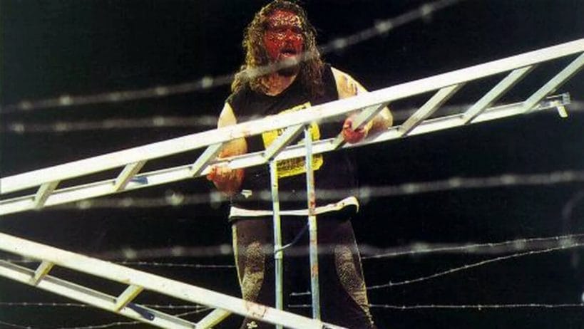 A bloodied Mick Foley (competing as Cactus Jack) competing in the finals of Japan's IWA Kawasaki Dream "King of the Deathmatch" tournament on August 20th, 1995.