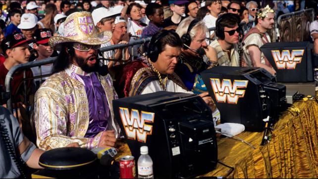 Randy Savage doing color commentary at WrestleMania IX alongside Jim Ross and Bobby Heenan