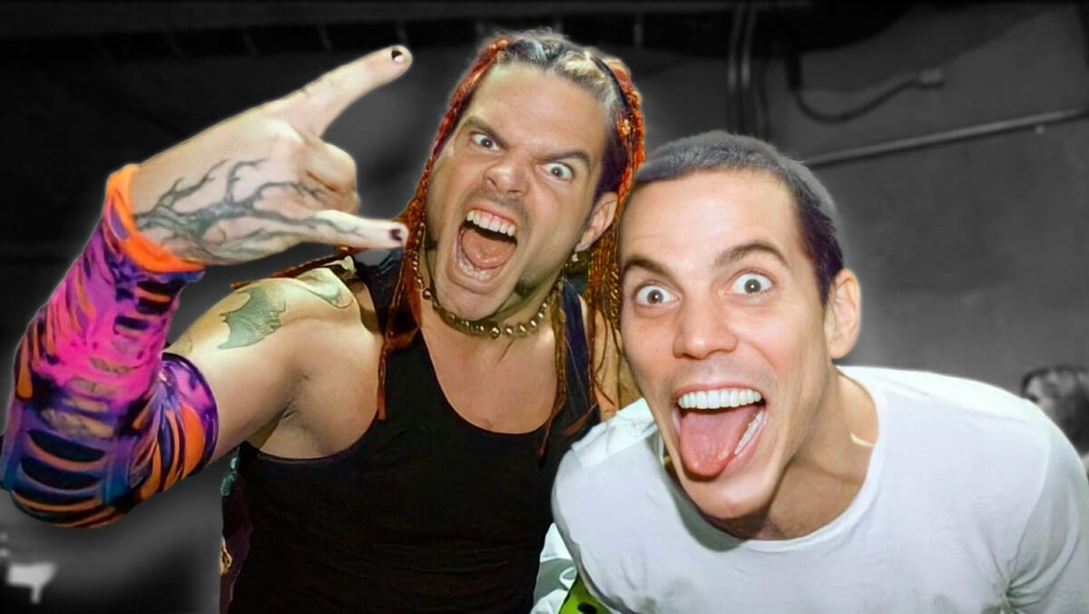 Steve-O from Jackass hanging out backstage with Jeff Hardy.