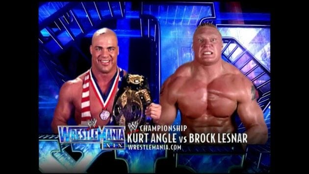 Match card graphics for the only WrestleMania main event to use real names only.