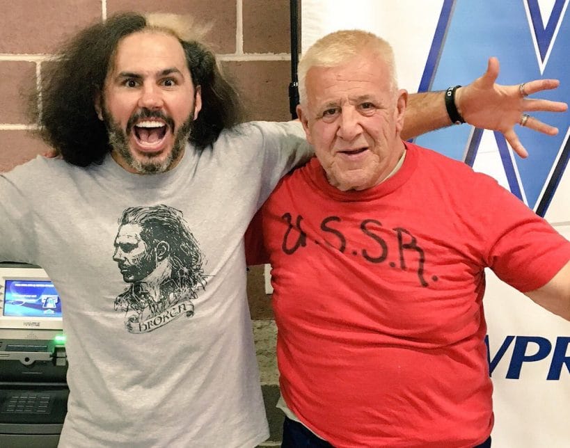 Matt Hardy shares a smile with the man he debuted against, Nikolai Volkoff. 