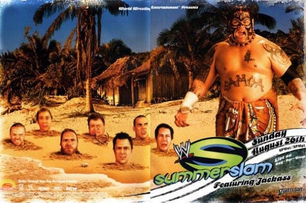 The Jackass crew and Umaga promoting their canceled handicap match for SummerSlam 2007. 