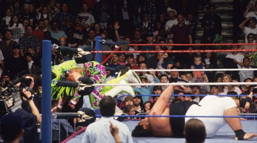In an unusual moment in the 1993 Royal Rumble, 'Macho Man' Randy Savage goes for the pin on Yokozuna. In turn, Yoko bench presses him over the top rope for the victory.