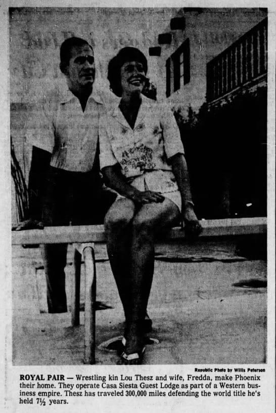 Lou Thesz and wife Fredda featured in a newspaper advertisement for Casa Siesta Guest Lodge. Arizona Republic, September 5, 1965 edition.