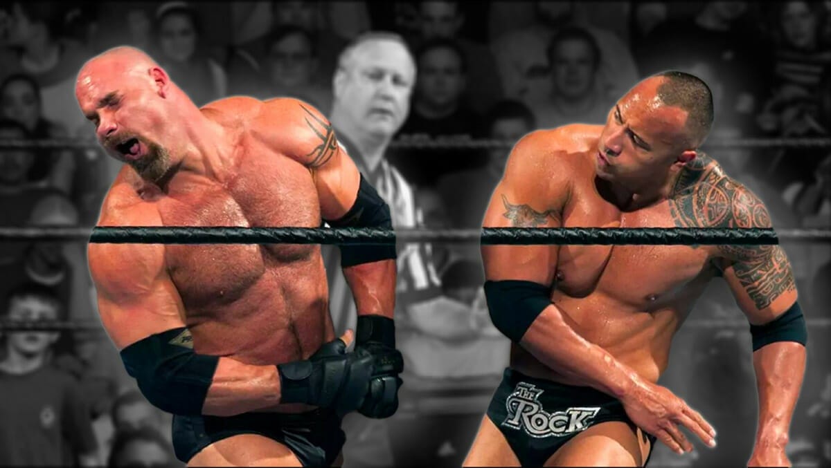 The Rock layeth the smacketh down on Goldberg at WWE Backlash 2003.